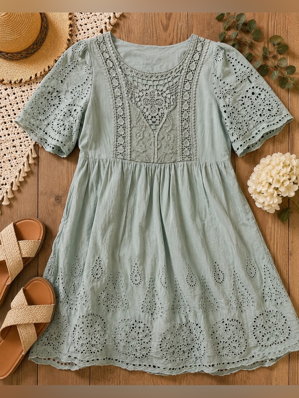 Orange Creek Sage Green Embroidered Eyelet Cotton Babydoll Dress Size Small